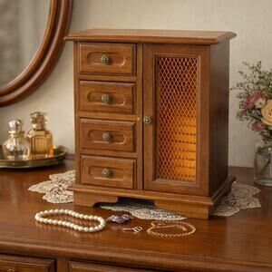 Vintage Standing Wooden Jewelry Box w/ Drawers & Lattice Door Music Box